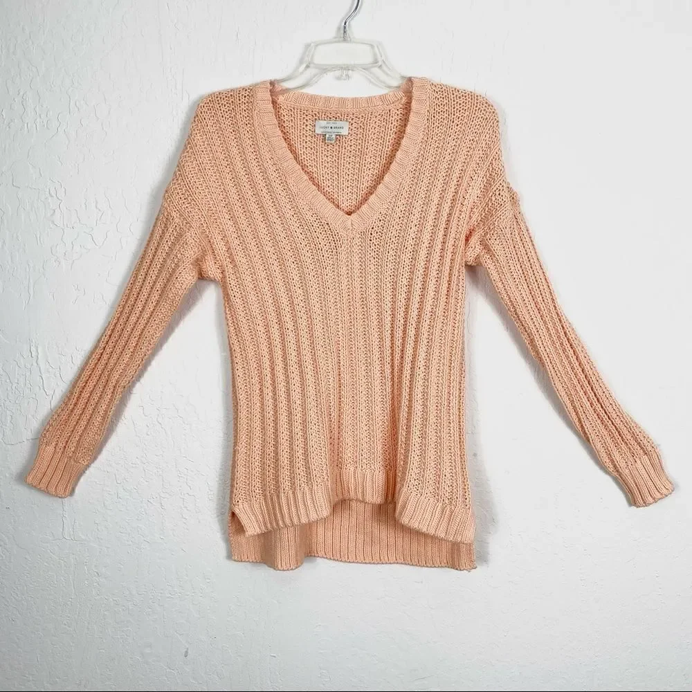 Lucky Brand Peachy Orange Ribbed Knit V Neck Sweater Size S